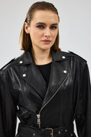 Zendaya Women's Black Belt Detailed Biker Leather Jacket | Derimod Zendaya Women's Black Belt Detailed Biker Leather Jacket | Derimod