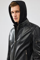 Niko Men's Black Hooded Leather Jacket | Derimod Niko Men's Black Hooded Leather Jacket | Derimod