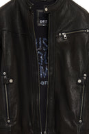 Towns Men Black Slim-Fit Short Leather Jacket | Derimod Towns Men Black Slim-Fit Short Leather Jacket | Derimod