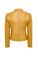 Champs Women's Yellow Embroidered Short Leather Jacket | Derimod Champs Women's Yellow Embroidered Short Leather Jacket | Derimod