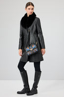 Christina Women's Black Fur Long Leather Coat | Derimod Christina Women's Black Fur Long Leather Coat | Derimod