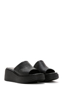 Women's Black Wedge Heeled Leather Comfort Slippers | Derimod Women's Black Wedge Heeled Leather Comfort Slippers | Derimod