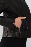 Madison Women's Black Short Leather Jacket | Derimod Madison Women's Black Short Leather Jacket | Derimod