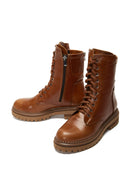 Women's Tan Leather Zippered Flat Boots | Derimod Women's Tan Leather Zippered Flat Boots | Derimod