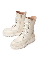 Women's Beige Zippered Leather Combat Boots | Derimod Women's Beige Zippered Leather Combat Boots | Derimod