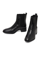 Women's Black Croco Patterned Short Thick Heel Leather Chelsea Boot | Derimod Women's Black Croco Patterned Short Thick Heel Leather Chelsea Boot | Derimod