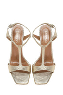 Women's Gold Ankle Strap Patterned Leather Thin High Heel Sandals | Derimod Women's Gold Ankle Strap Patterned Leather Thin High Heel Sandals | Derimod