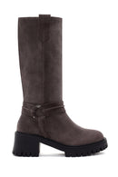 Women's Mink Short Heeled Suede Leather Boots | Derimod Women's Mink Short Heeled Suede Leather Boots | Derimod