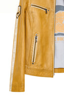 Champs Women's Yellow Embroidered Short Leather Jacket | Derimod Champs Women's Yellow Embroidered Short Leather Jacket | Derimod