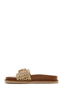 Women's Gold Buckled Straw Leather Slippers | Derimod Women's Gold Buckled Straw Leather Slippers | Derimod