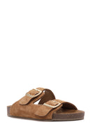 Women's Tan Double Buckle Suede Leather Slippers | Derimod Women's Tan Double Buckle Suede Leather Slippers | Derimod