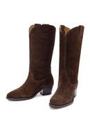 Women's Brown Chunky Heel Suede Leather Cowboy Boots | Derimod Women's Brown Chunky Heel Suede Leather Cowboy Boots | Derimod