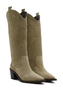 Women's Beige Chunky Heel Suede Leather Cowboy Boots | Derimod Women's Beige Chunky Heel Suede Leather Cowboy Boots | Derimod