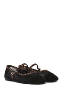 Women's Black Leopard Patterned Buckled Mesh Leather Ballerinas | Derimod Women's Black Leopard Patterned Buckled Mesh Leather Ballerinas | Derimod