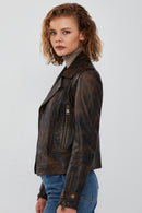 Newyork Women's Brown Vintage Biker Leather Jacket | Derimod Newyork Women's Brown Vintage Biker Leather Jacket | Derimod
