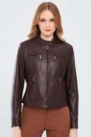 Alison Women's Claret Red Short Leather Jacket | Derimod Alison Women's Claret Red Short Leather Jacket | Derimod
