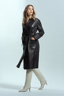 Stella Women's Black Regular Leather Trench Coat | Derimod Stella Women's Black Regular Leather Trench Coat | Derimod