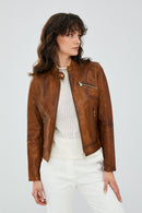 Kylie Women's Camel Short Leather Jacket | Derimod Kylie Women's Camel Short Leather Jacket | Derimod
