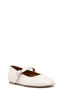 Women's White Buckled Leather Ballerinas | Derimod Women's White Buckled Leather Ballerinas | Derimod