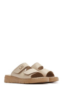 Women's Beige Double-Strap Leather Comfort Slippers | Derimod Women's Beige Double-Strap Leather Comfort Slippers | Derimod