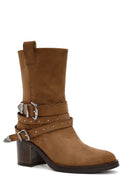 Women's Tan Suede Heeled Cowboy Boots | Derimod Women's Tan Suede Heeled Cowboy Boots | Derimod