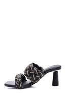Women's Black Braided Heeled Slippers | Derimod Women's Black Braided Heeled Slippers | Derimod