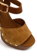 Woman Tan Ankle-Buckle Platform High Thick-Heeled Suede Sandal | Derimod Woman Tan Ankle-Buckle Platform High Thick-Heeled Suede Sandal | Derimod