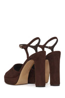 Women's Brown Ankle Buckle Platform High Heel Suede Leather Sandals | Derimod Women's Brown Ankle Buckle Platform High Heel Suede Leather Sandals | Derimod