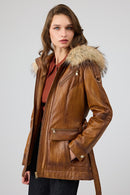 Donatella Women's Camel Belted Hooded Leather Coat | Derimod Donatella Women's Camel Belted Hooded Leather Coat | Derimod