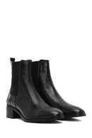 Women's Black Croco Patterned Short Thick Heel Leather Chelsea Boot | Derimod Women's Black Croco Patterned Short Thick Heel Leather Chelsea Boot | Derimod