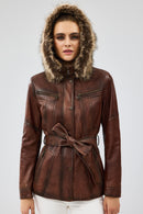 Rebecca Women's Brown Hooded Furry Leather Jacket | Derimod Rebecca Women's Brown Hooded Furry Leather Jacket | Derimod