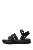 Women's Black Thick Soled Knitted Detailed Leather Bodrum Sandals | Derimod Women's Black Thick Soled Knitted Detailed Leather Bodrum Sandals | Derimod