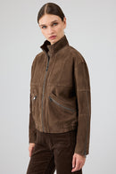Gina Women's Brown Stand Collar Oversize Short Suede Leather Jacket | Derimod Gina Women's Brown Stand Collar Oversize Short Suede Leather Jacket | Derimod