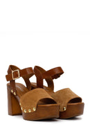 Woman Tan Ankle-Buckle Platform High Thick-Heeled Suede Sandal | Derimod Woman Tan Ankle-Buckle Platform High Thick-Heeled Suede Sandal | Derimod