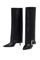 Women's Black Buckled Thin Heeled Leather Boot | Derimod Women's Black Buckled Thin Heeled Leather Boot | Derimod