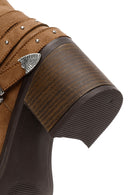 Women's Tan Suede Heeled Cowboy Boots | Derimod Women's Tan Suede Heeled Cowboy Boots | Derimod