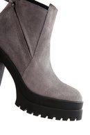 Women's Gray Suede Leather High Heeled Platform Boots | Derimod Women's Gray Suede Leather High Heeled Platform Boots | Derimod