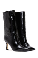 Women's Black Leather Patent Leather Thin Heeled Boots | Derimod Women's Black Leather Patent Leather Thin Heeled Boots | Derimod