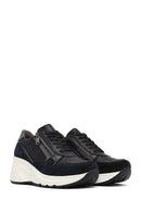 Woman Black Lace-Up Zipper Detailed Wedge Heels Leather Sneakers | Derimod Woman Black Lace-Up Zipper Detailed Wedge Heels Leather Sneakers | Derimod