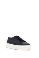 Men's Navy Blue Lace-up Thick-Sole Leather Sneaker | Derimod Men's Navy Blue Lace-up Thick-Sole Leather Sneaker | Derimod
