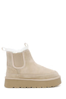 Woman Beige Thick-Soled Teddy Suede Leather Boat | Derimod Woman Beige Thick-Soled Teddy Suede Leather Boat | Derimod