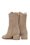 Women's Beige Suede Leather Heeled Cowboy Boots | Derimod Women's Beige Suede Leather Heeled Cowboy Boots | Derimod