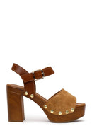 Woman Tan Ankle-Buckle Platform High Thick-Heeled Suede Sandal | Derimod Woman Tan Ankle-Buckle Platform High Thick-Heeled Suede Sandal | Derimod