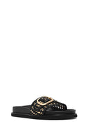 Women's Black Buckled Straw Leather Slippers | Derimod Women's Black Buckled Straw Leather Slippers | Derimod
