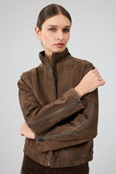 Gina Women's Brown Stand Collar Oversize Short Suede Leather Jacket | Derimod Gina Women's Brown Stand Collar Oversize Short Suede Leather Jacket | Derimod