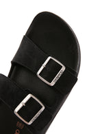 Men's Black Double Buckle Suede Leather Slippers | Derimod Men's Black Double Buckle Suede Leather Slippers | Derimod