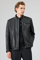 Tony Men's Black Mandarin Collar Short Leather Jacket | Derimod Tony Men's Black Mandarin Collar Short Leather Jacket | Derimod