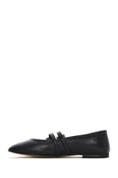 Women's Black Double Buckled Stoned Leather Ballerinas | Derimod