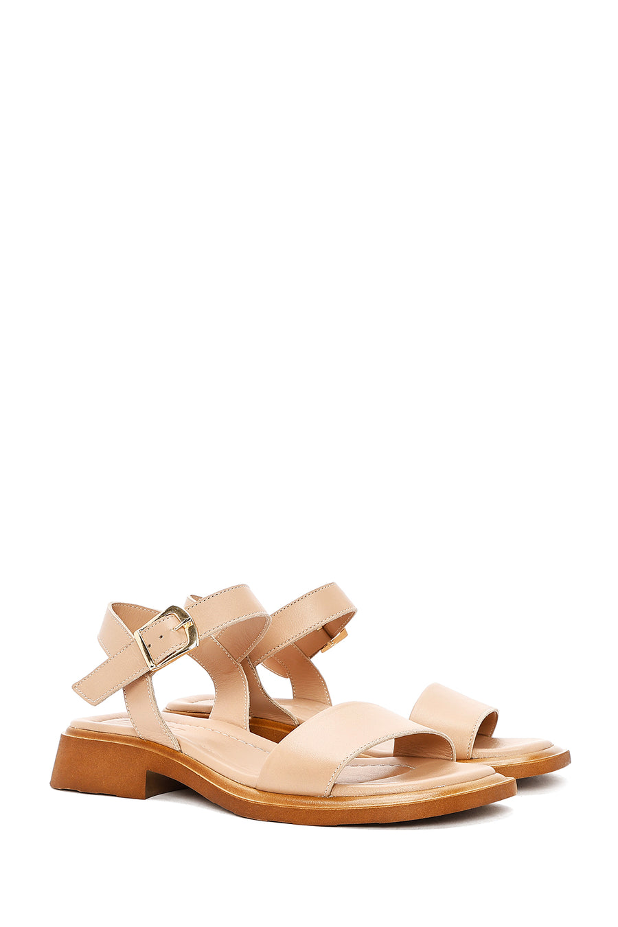 Women's Beige Leather Ankle Buckle Sandals