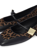 Women's Brown Buckle Detailed Leopard Patterned Leather Ballerinas | Derimod